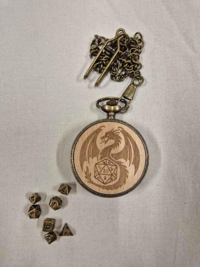 D&D Wood Dragon Dice Pendant - 7-Piece Metal Dice Set